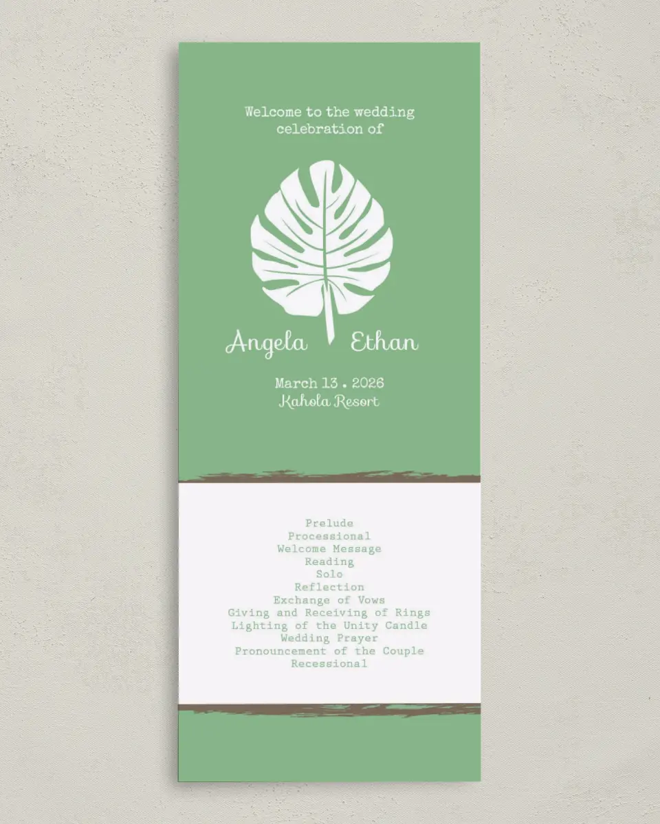 This is a 3⅝" x 8⅞" Tea-length Wedding Program called Palms in Paradise printed in full color on Premium Smooth paper