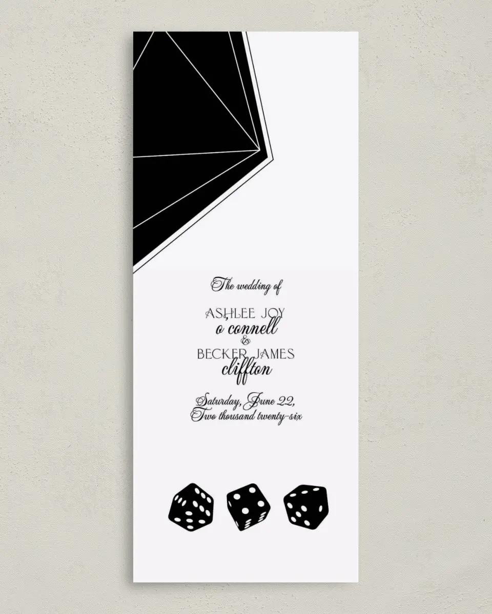 This is a 3⅝" x 8⅞" Tea-length Wedding Program called Upscale Vegas printed in full color on Premium Smooth paper