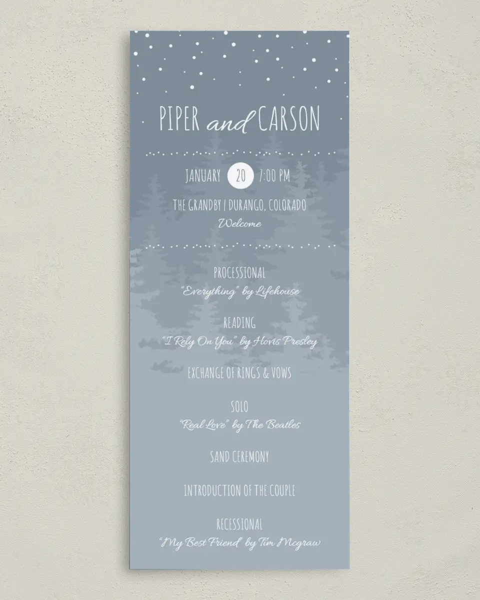 This is a 3⅝" x 8⅞" Tea-length Wedding Program called Woodland Wishes printed in full color on Premium Smooth paper