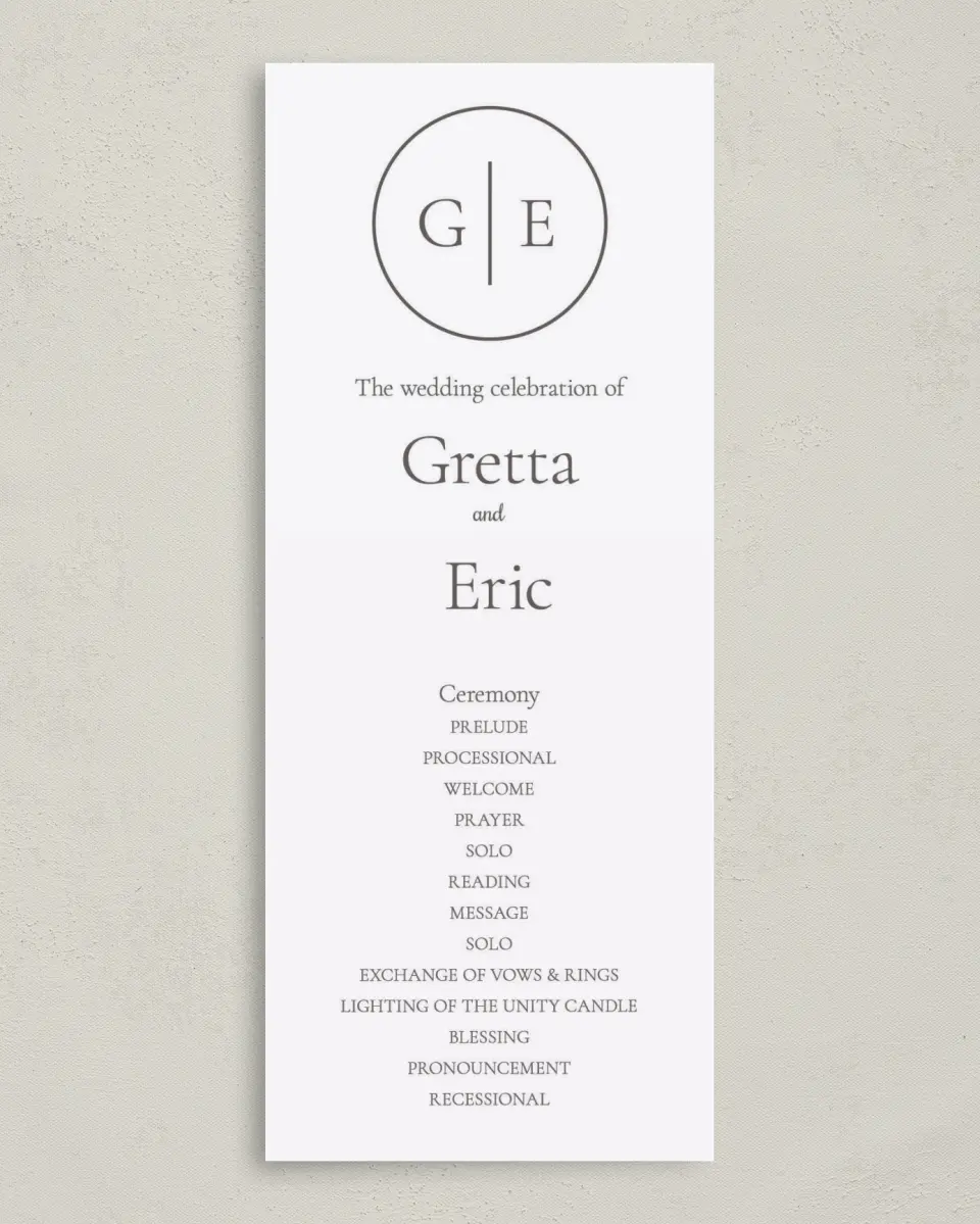 This is a 3⅝" x 8⅞" Tea-length Wedding Program called Simply Modern printed in full color on Premium Smooth paper