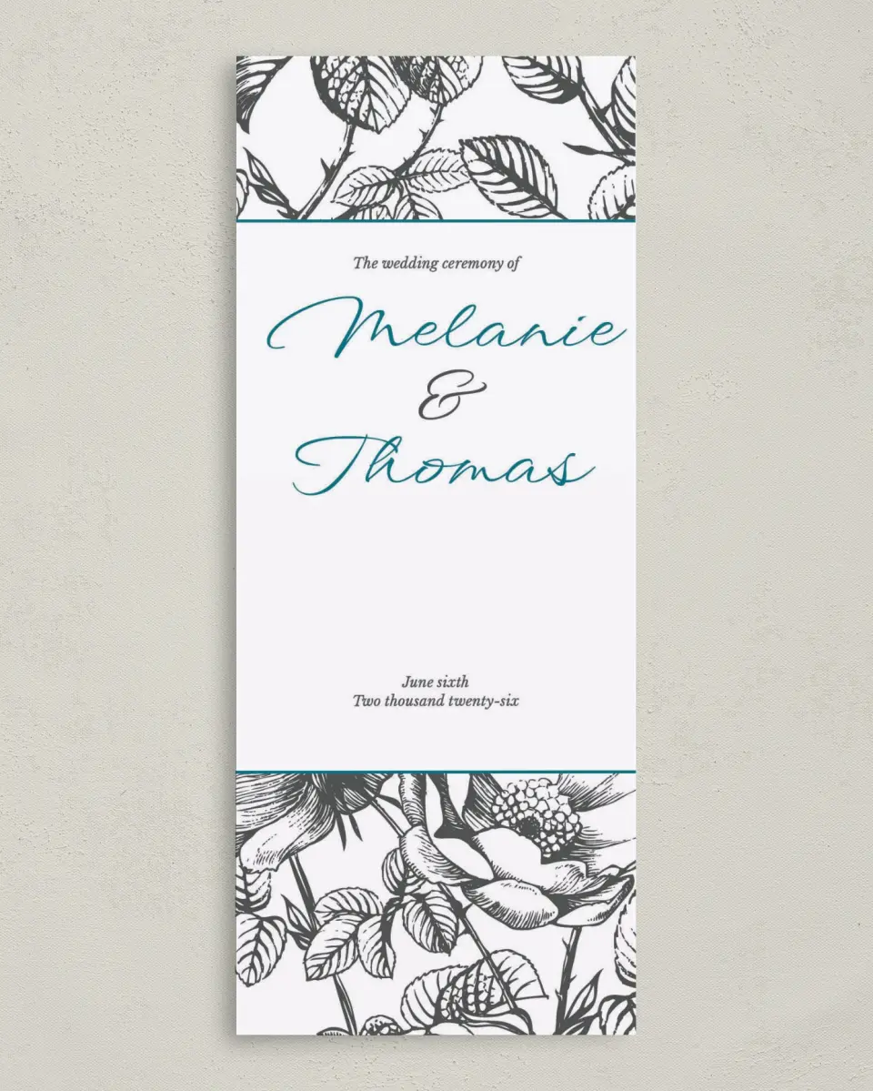 This is a 3⅝" x 8⅞" Tea-length Wedding Program called Vintage Botanicals printed in full color with Gold foil on Luxe Satin (coated) paper