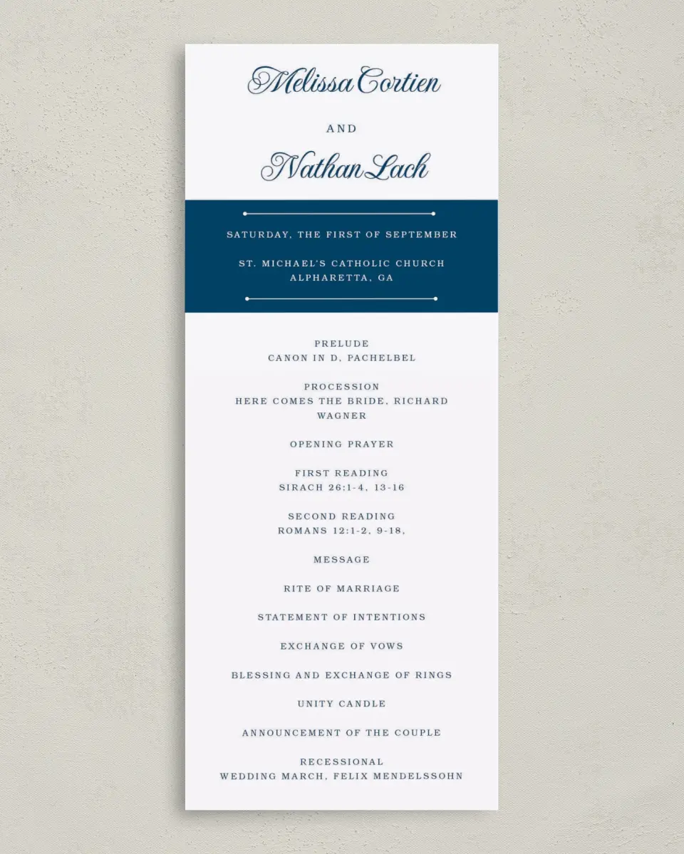 This is a 3⅝" x 8⅞" Tea-length Wedding Program called Grand Soiree printed in full color on Premium Smooth paper