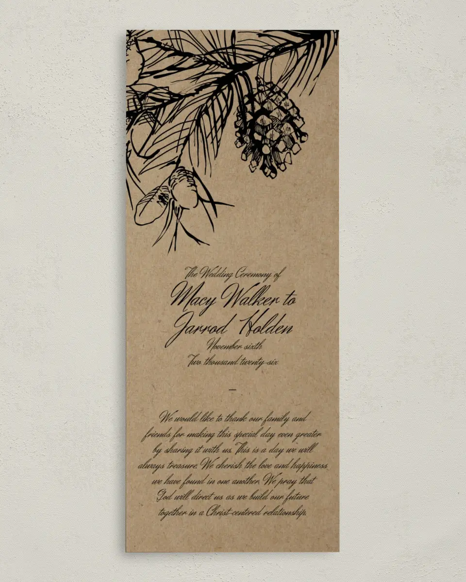 This is a 3⅝" x 8⅞" Tea-length Wedding Program called Everlasting Love printed in full color on Premium Smooth paper