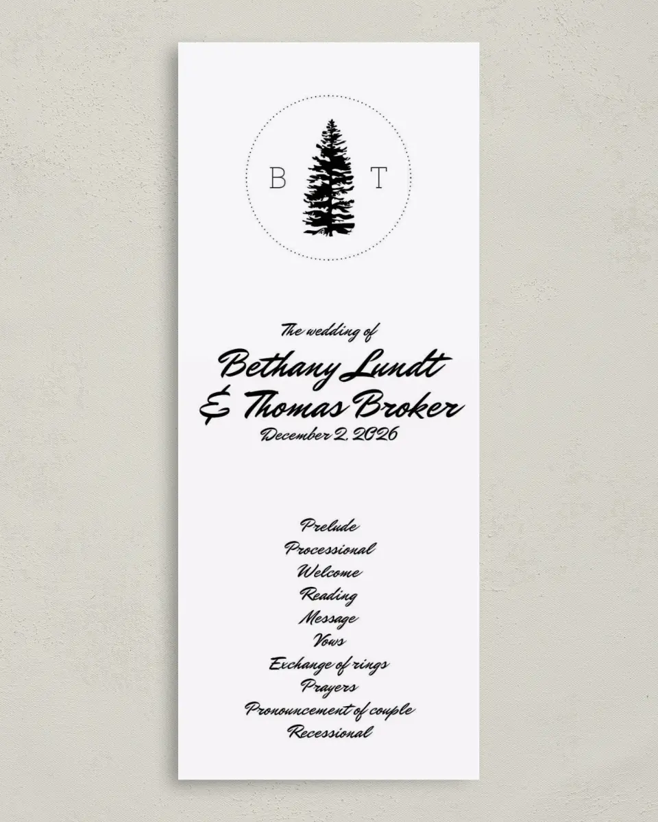This is a 3⅝" x 8⅞" Tea-length Wedding Program called Splendid Pines printed in full color on Premium Smooth paper