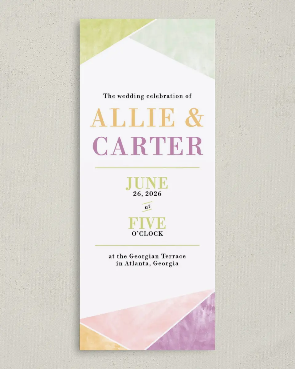 This is a 3⅝" x 8⅞" Tea-length Wedding Program called Be Happy! printed in full color on Premium Smooth paper