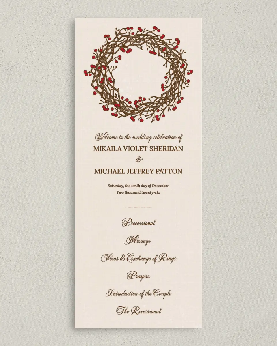 This is a 3⅝" x 8⅞" Tea-length Wedding Program called Winter Berries printed in full color on Premium Smooth paper