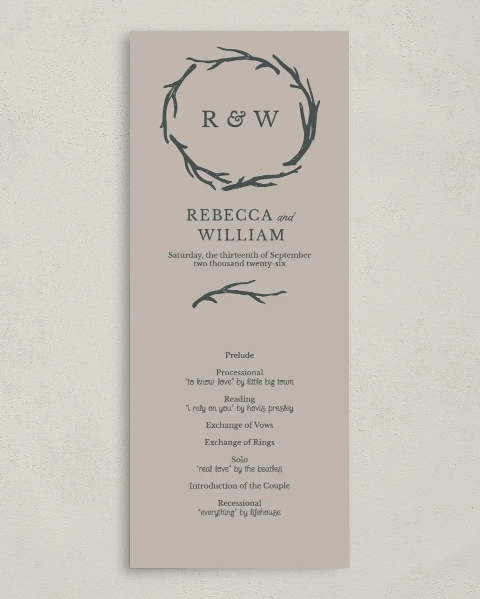 This is a 3⅝" x 8⅞" Tea-length Wedding Program called Rustic Boughs printed in full color on Premium Smooth paper