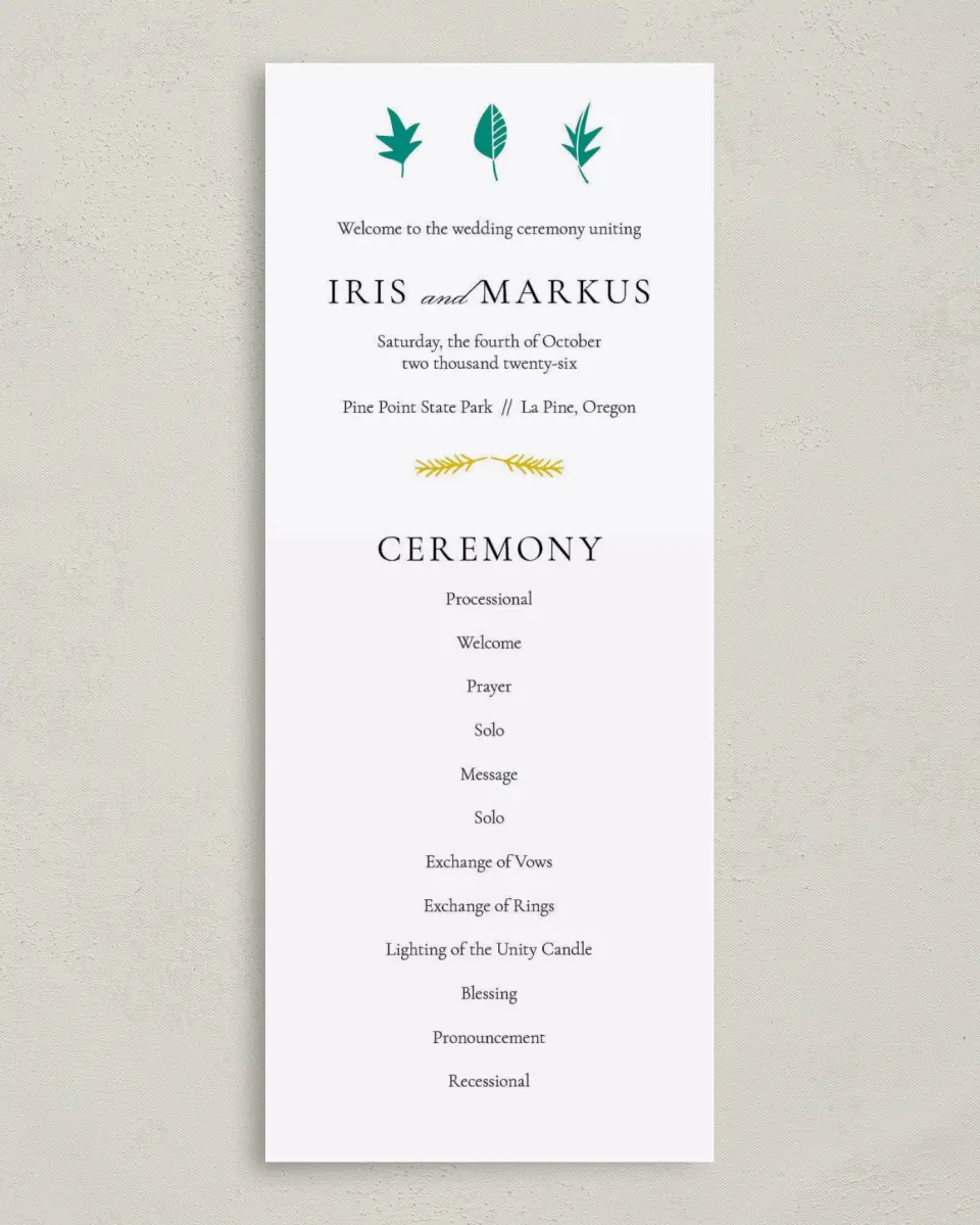 This is a 3⅝" x 8⅞" Tea-length Wedding Program called Sweet Leaves printed in full color on Premium Smooth paper
