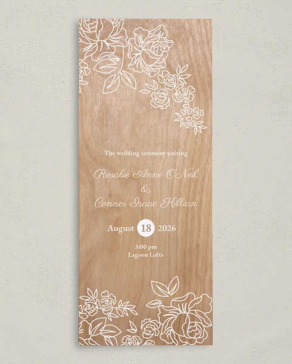 This is a 3⅝" x 8⅞" Tea-length Wedding Program called Rustic Woodgrain printed in full color on Premium Smooth paper