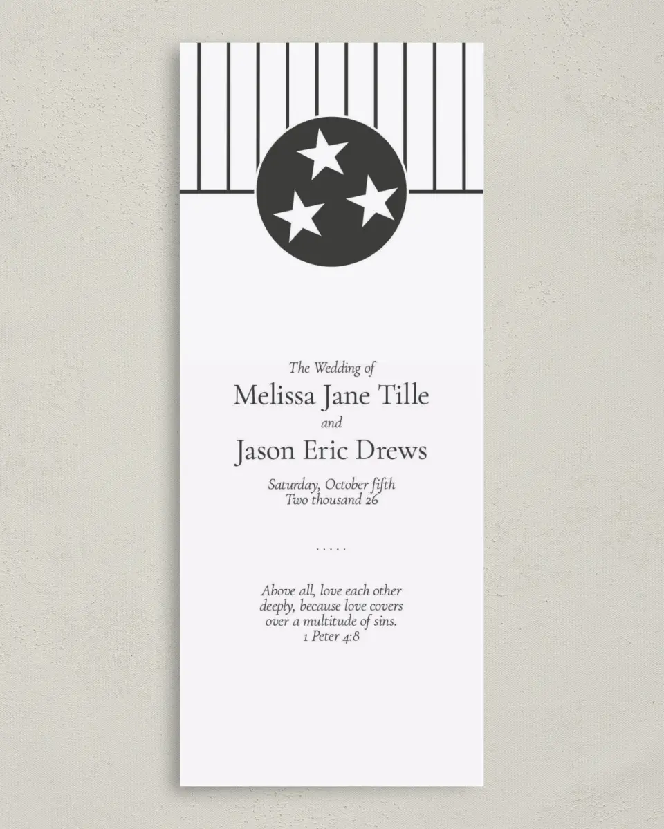 This is a 3⅝" x 8⅞" Tea-length Wedding Program called Nashville Tennessee State Outline printed in full color on Premium Smooth paper