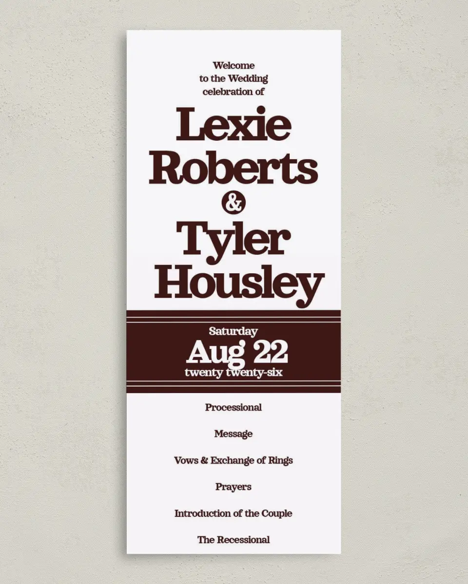This is a 3⅝" x 8⅞" Tea-length Wedding Program called Brick Yard printed in full color on Premium Smooth paper