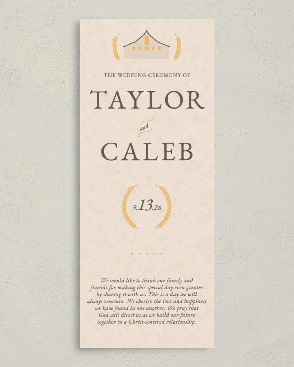 This is a 3⅝" x 8⅞" Tea-length Wedding Program called Nashville Barn printed in full color on Premium Smooth paper