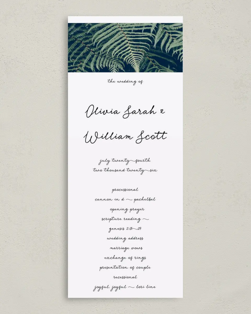 This is a 3⅝" x 8⅞" Tea-length Wedding Program called Enchanted Day printed in full color on Premium Smooth paper