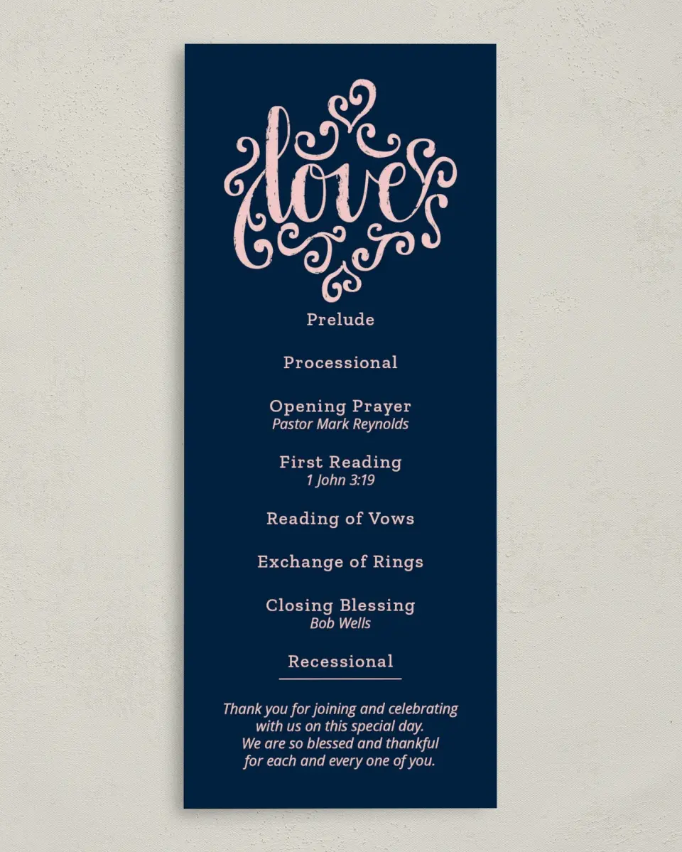 This is a 3⅝" x 8⅞" Tea-length Wedding Program called Love Letters printed in full color on Premium Smooth paper