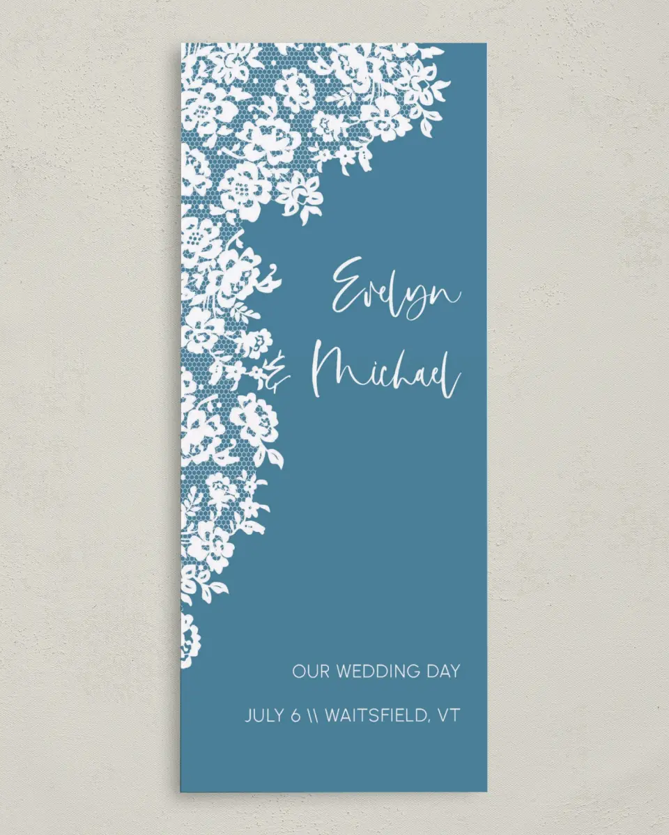 This is a 3⅝" x 8⅞" Tea-length Wedding Program called Modern Lace printed in full color on Premium Smooth paper