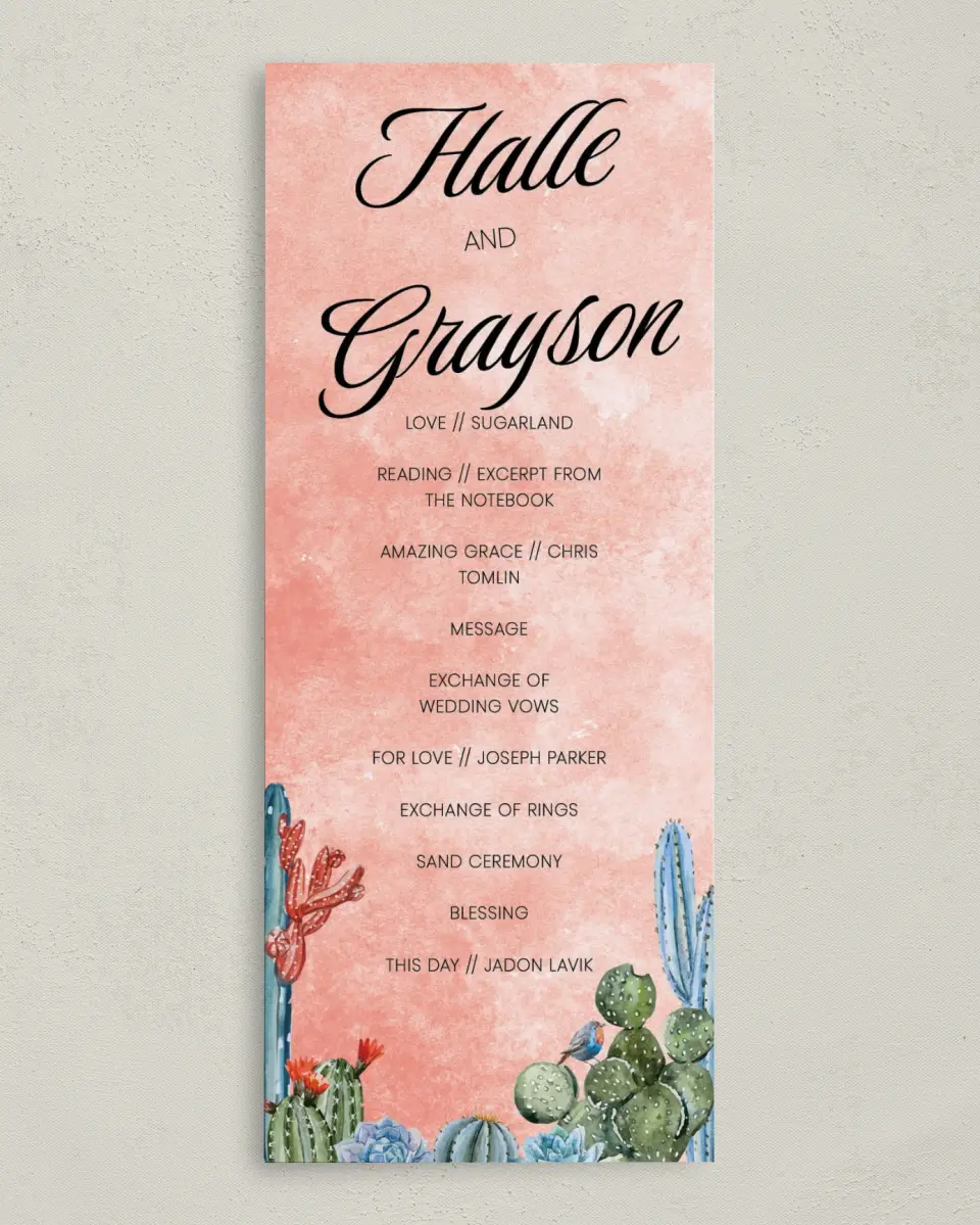 This is a 3⅝" x 8⅞" Tea-length Wedding Program called Painted Cactus printed in full color on Premium Smooth paper