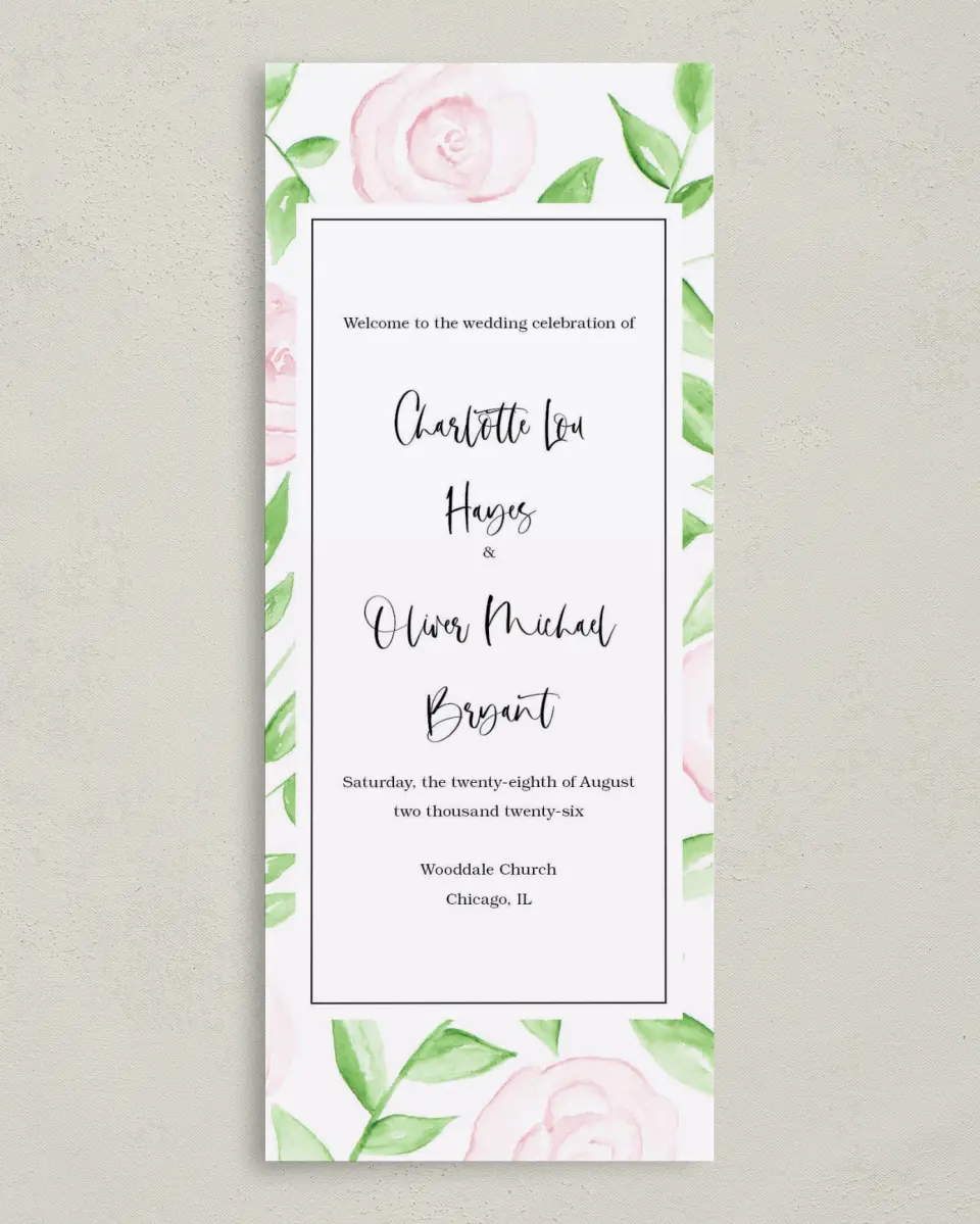 This is a 3⅝" x 8⅞" Tea-length Wedding Program called Painterly Bouquet printed in full color on Premium Smooth paper