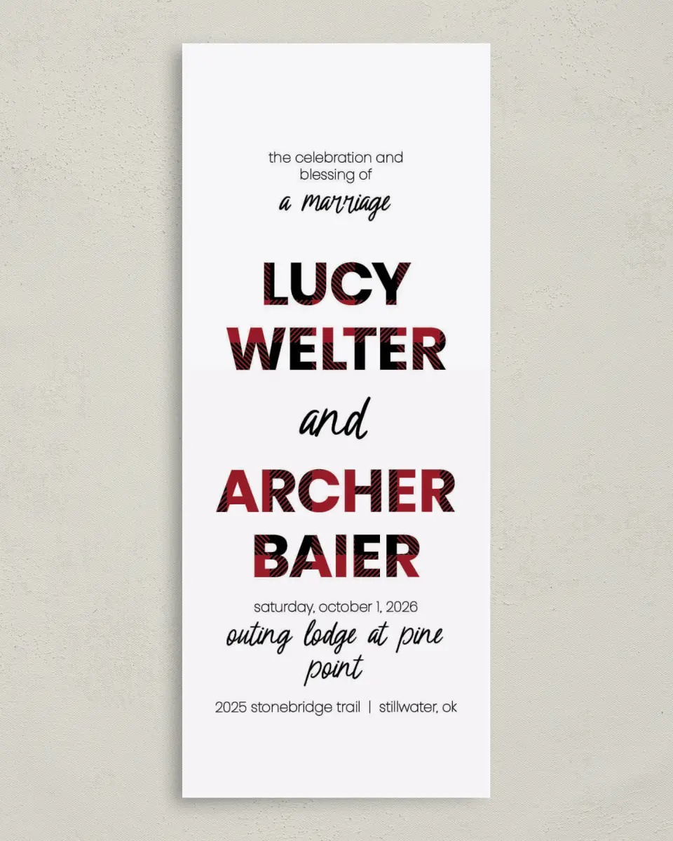 This is a 3⅝" x 8⅞" Tea-length Wedding Program called Bold Buffalo Plaid printed in full color on Premium Smooth paper