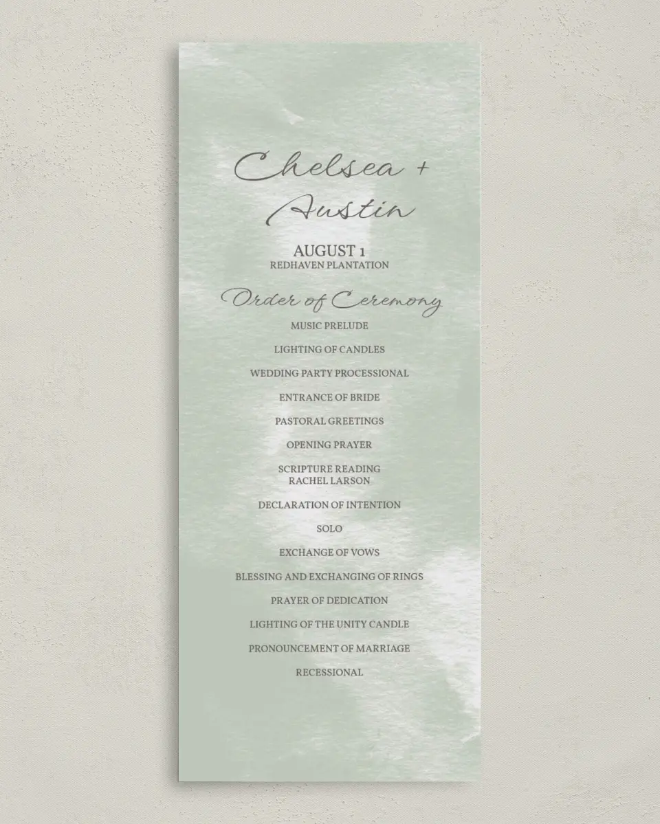 This is a 3⅝" x 8⅞" Tea-length Wedding Program called Watercolor Laurel printed in full color on Premium Smooth paper