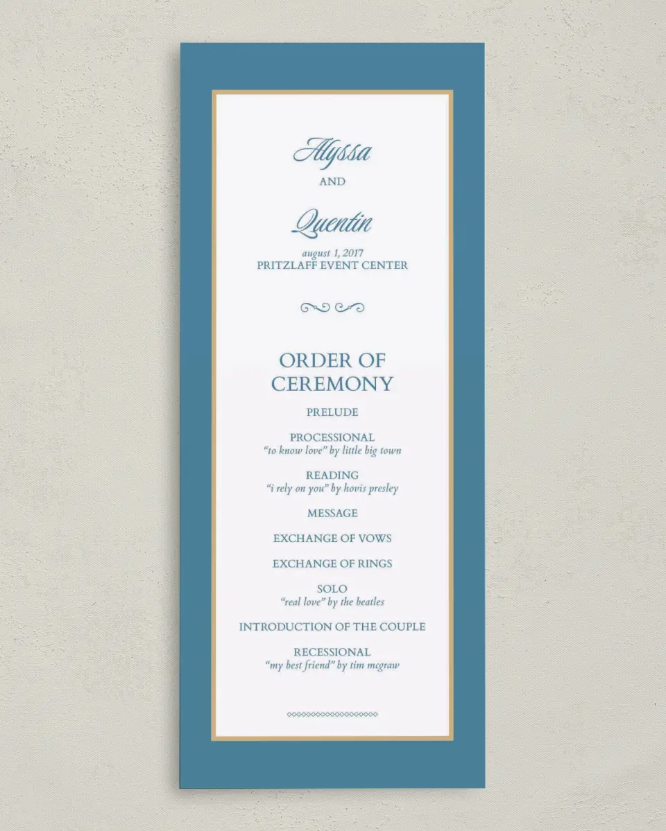 This is a 3⅝" x 8⅞" Tea-length Wedding Program called Opulence printed in full color on Premium Smooth paper