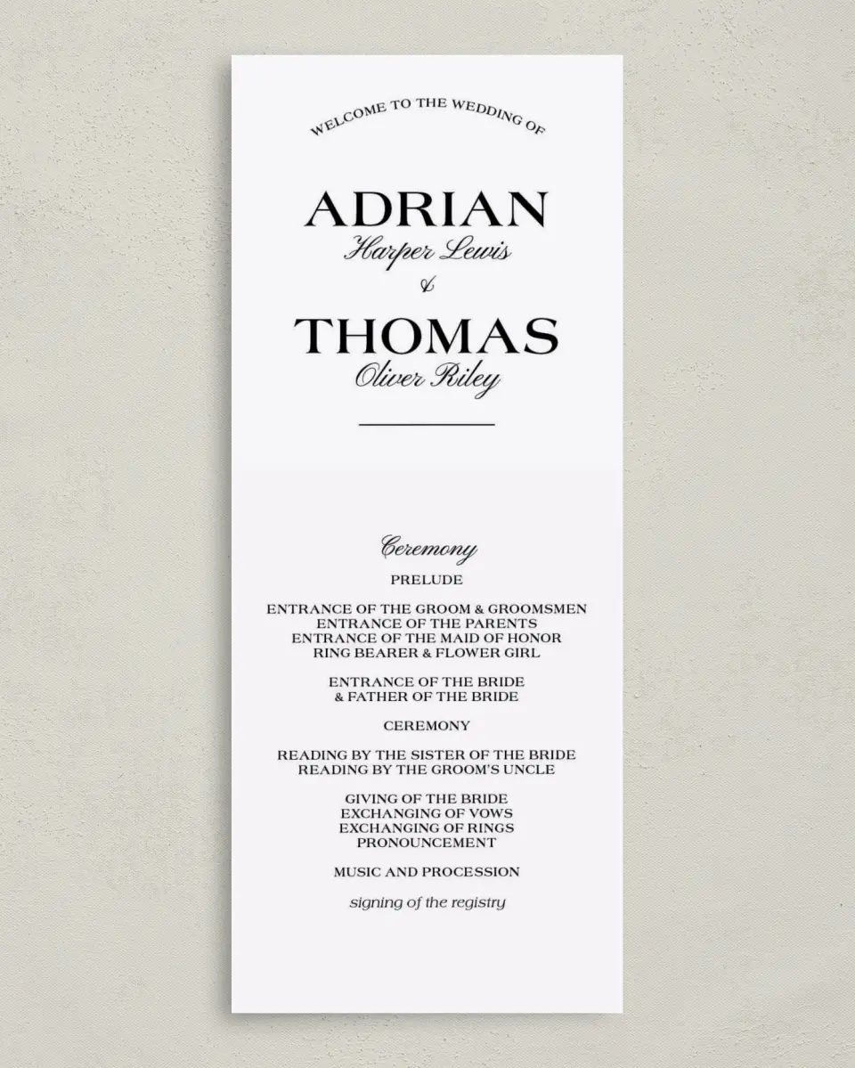This is a 3⅝" x 8⅞" Tea-length Wedding Program called Formal Statement printed in full color on Premium Smooth paper