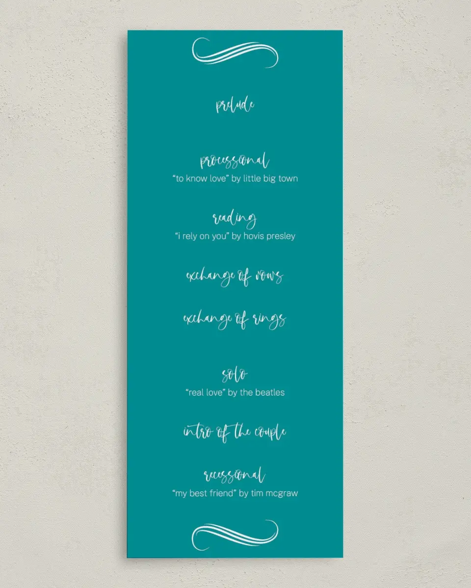 This is a 3⅝" x 8⅞" Tea-length Wedding Program called Beyond the Shore printed in full color on Premium Smooth paper