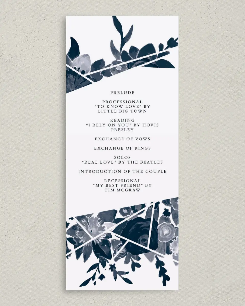 This is a 3⅝" x 8⅞" Tea-length Wedding Program called Geo Floral printed in full color on Premium Smooth paper