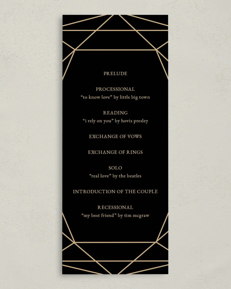 This is a 3⅝" x 8⅞" Tea-length Wedding Program called Luxe Gem printed in full color on Premium Smooth paper