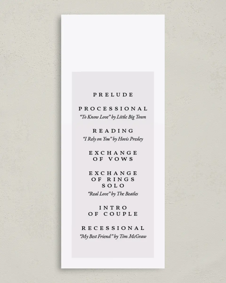This is a 3⅝" x 8⅞" Tea-length Wedding Program called Garden Laurel printed in full color on Premium Smooth paper