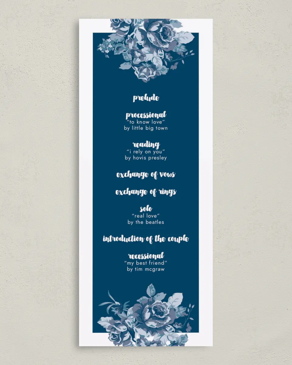 This is a 3⅝" x 8⅞" Tea-length Wedding Program called Winsome Bouquet printed in full color on Premium Smooth paper