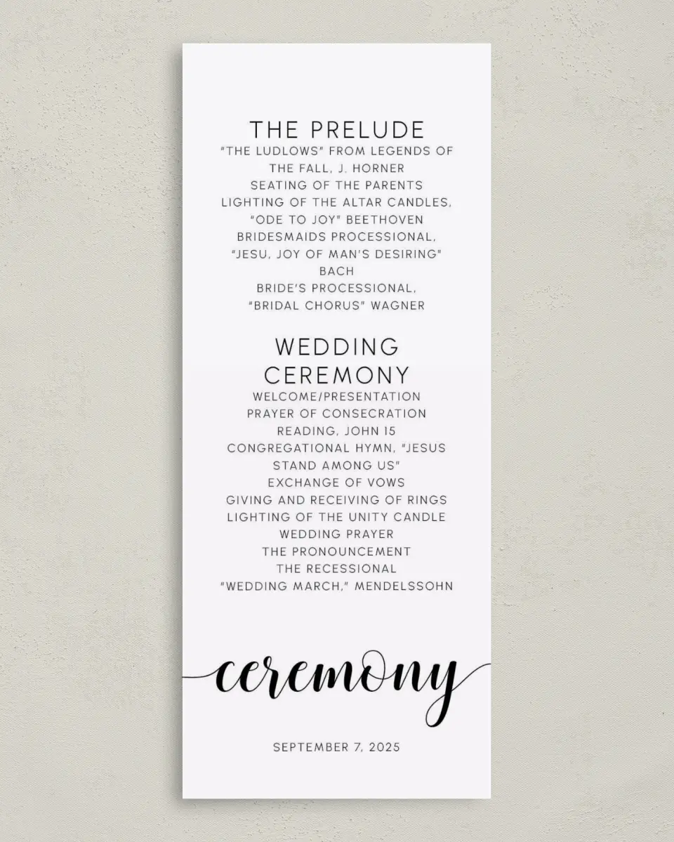 This is a 3⅝" x 8⅞" Tea-length Wedding Program called True Celebration printed in full color on Premium Smooth paper