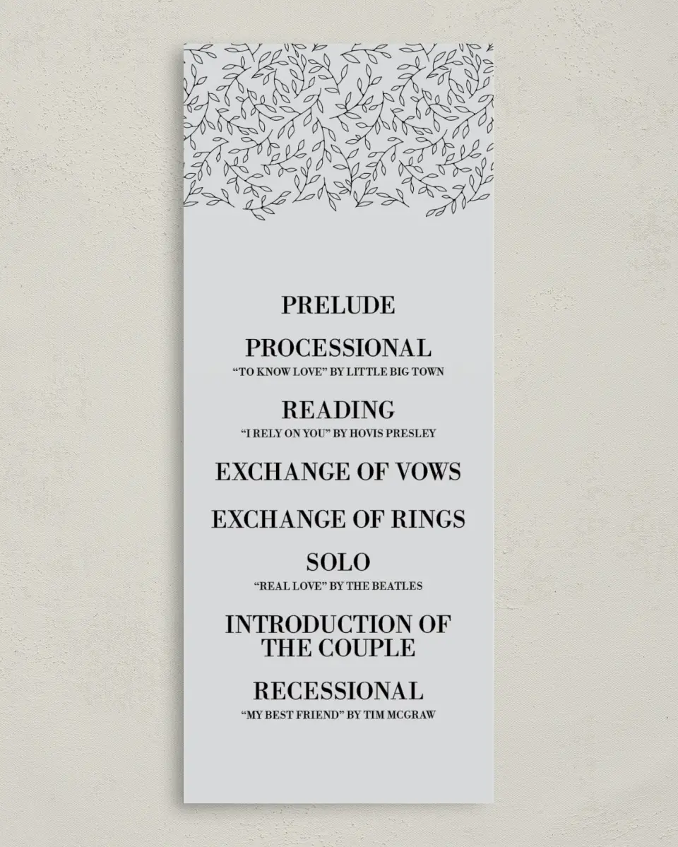 This is a 3⅝" x 8⅞" Tea-length Wedding Program called Naturally Leaves printed in full color on Premium Smooth paper