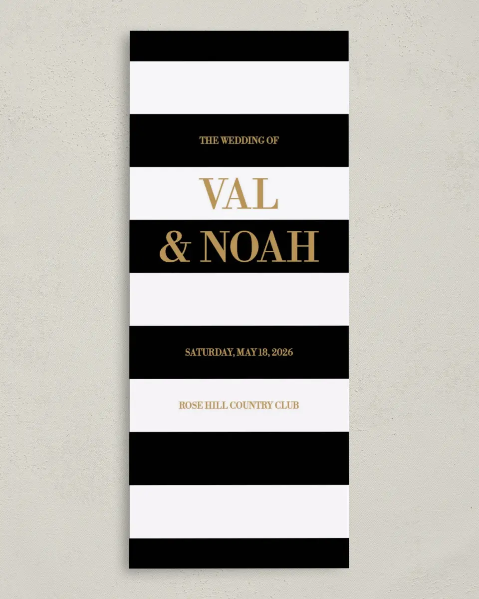 This is a 3⅝" x 8⅞" Tea-length Wedding Program called Black Tie Affair printed in full color on Premium Smooth paper