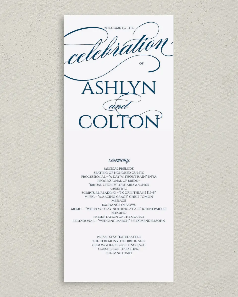 This is a 3⅝" x 8⅞" Tea-length Wedding Program called Glam District printed in full color on Premium Smooth paper