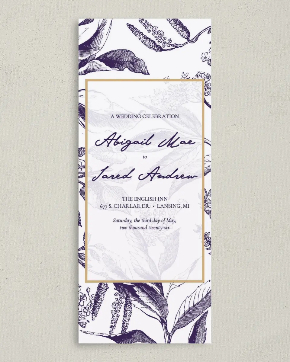 This is a 3⅝" x 8⅞" Tea-length Wedding Program called Delicate Impression printed in full color on Premium Smooth paper