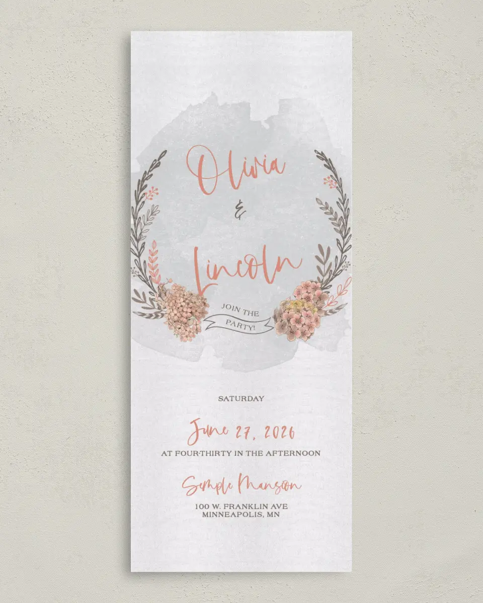This is a 3⅝" x 8⅞" Tea-length Wedding Program called Delightful Wreath printed in full color on Premium Smooth paper