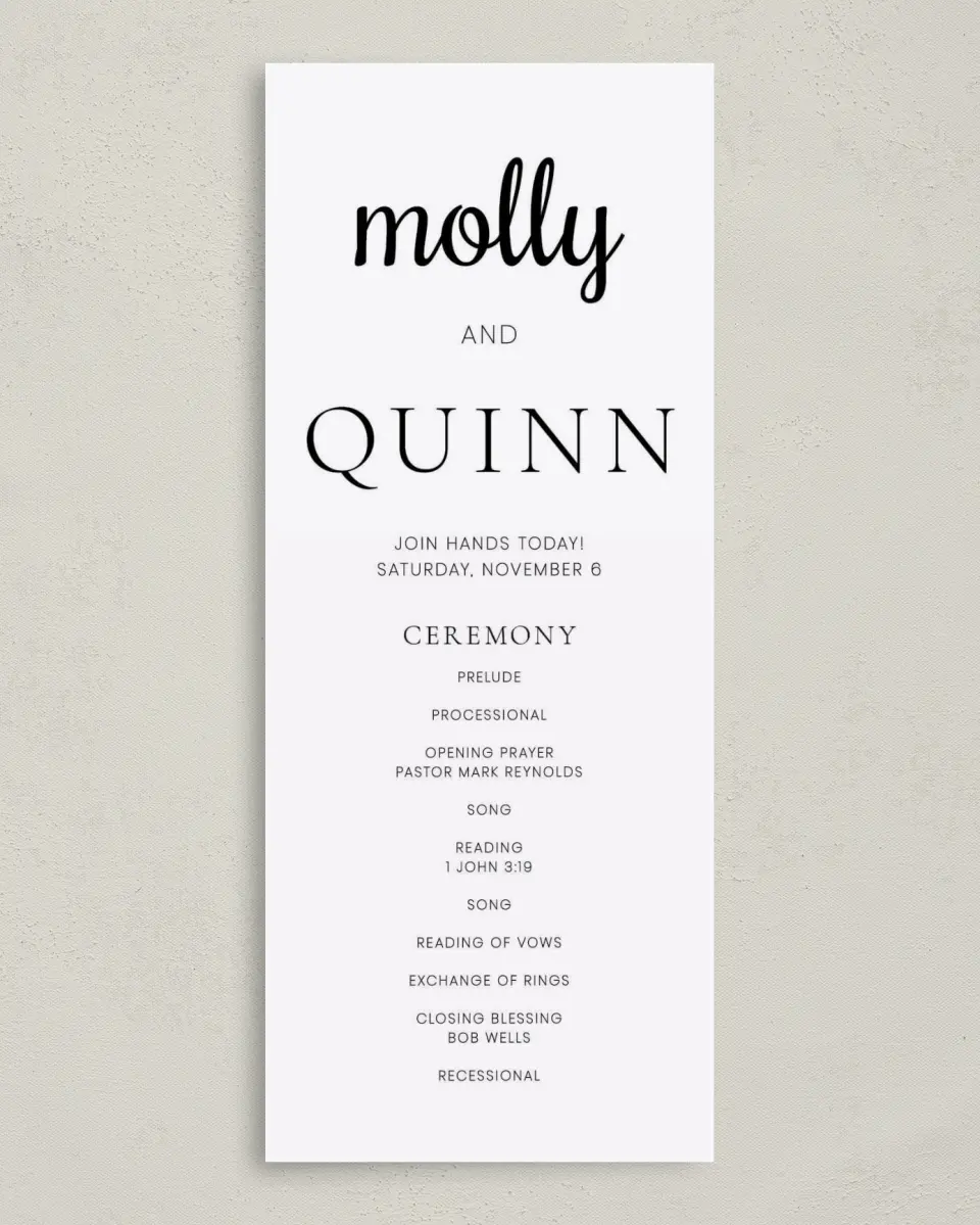 This is a 3⅝" x 8⅞" Tea-length Wedding Program called Darling Type printed in full color on Premium Smooth paper