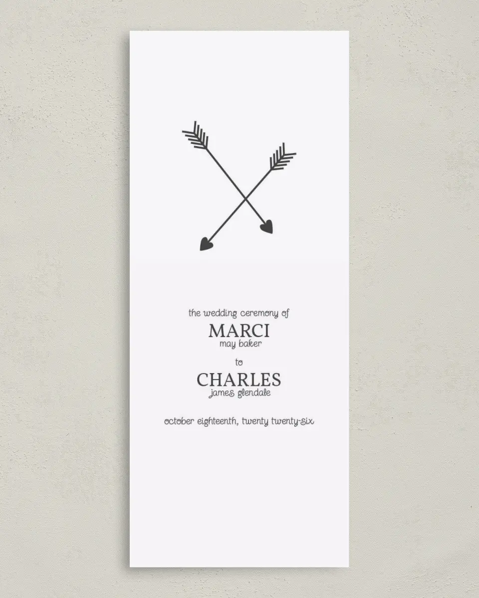 This is a 3⅝" x 8⅞" Tea-length Wedding Program called Cross My Heart printed in full color on Premium Smooth paper