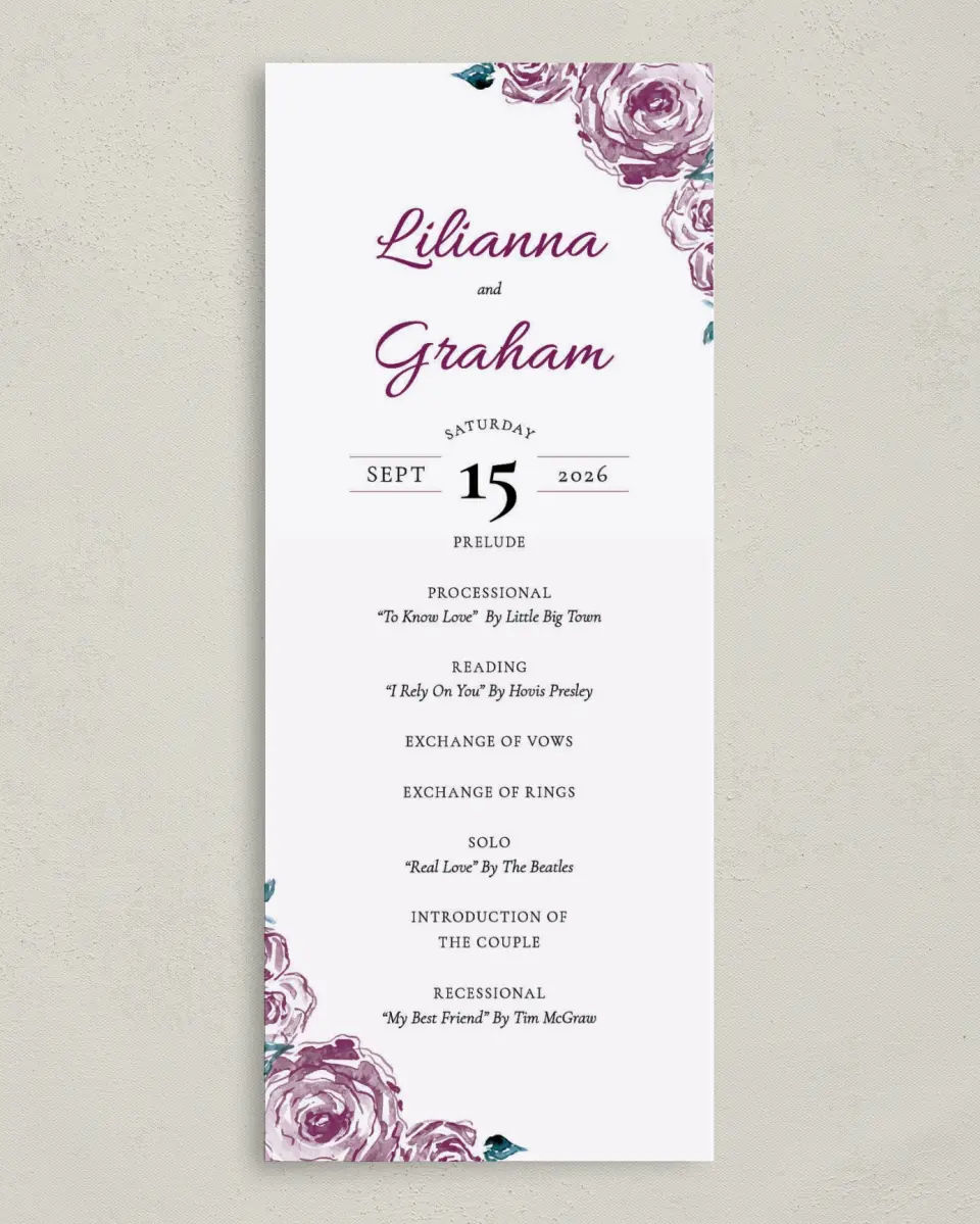 This is a 3⅝" x 8⅞" Tea-length Wedding Program called Enchanted Bliss printed in full color on Premium Smooth paper