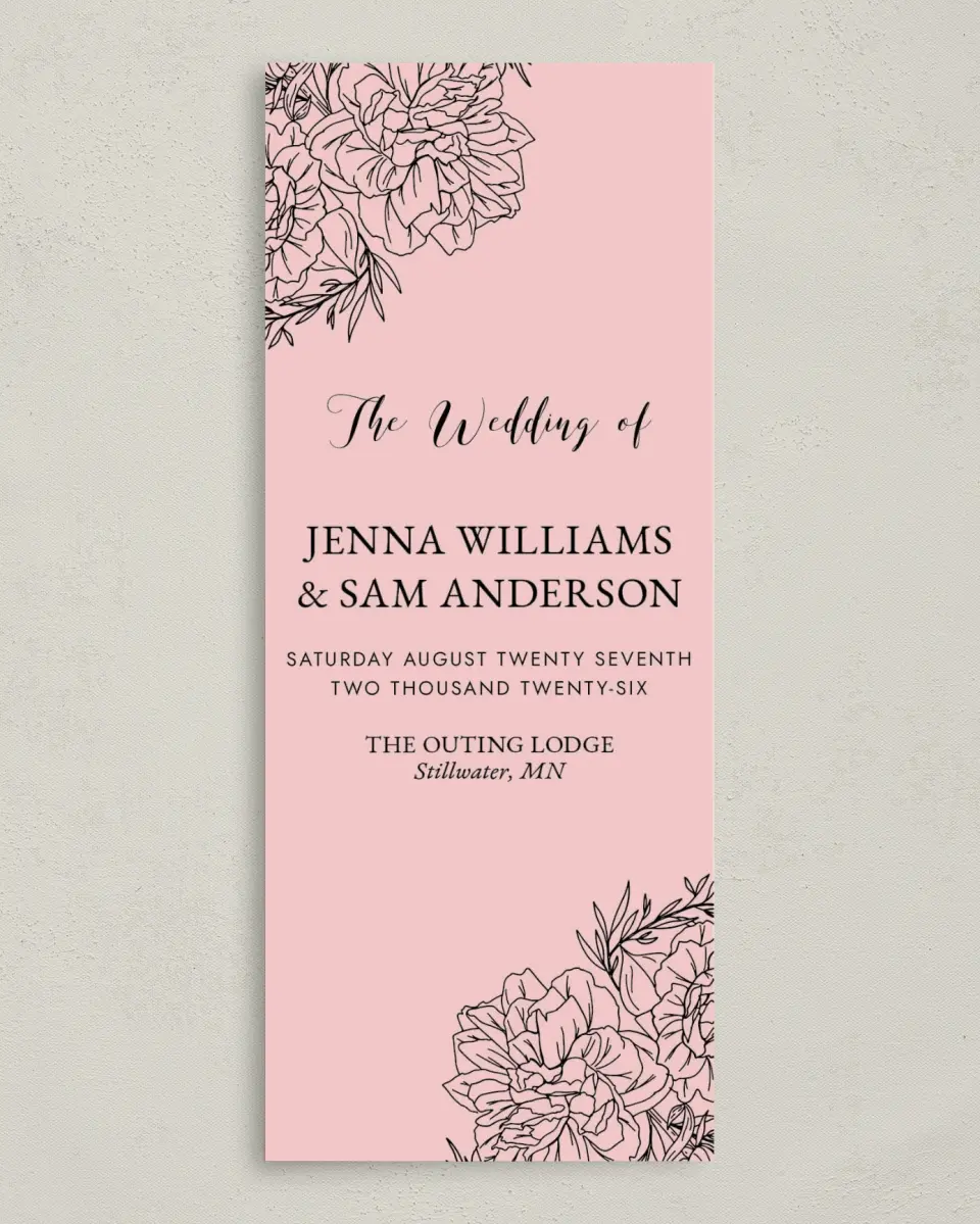 This is a 3⅝" x 8⅞" Tea-length Wedding Program called Love's Whisper printed in full color on Premium Smooth paper