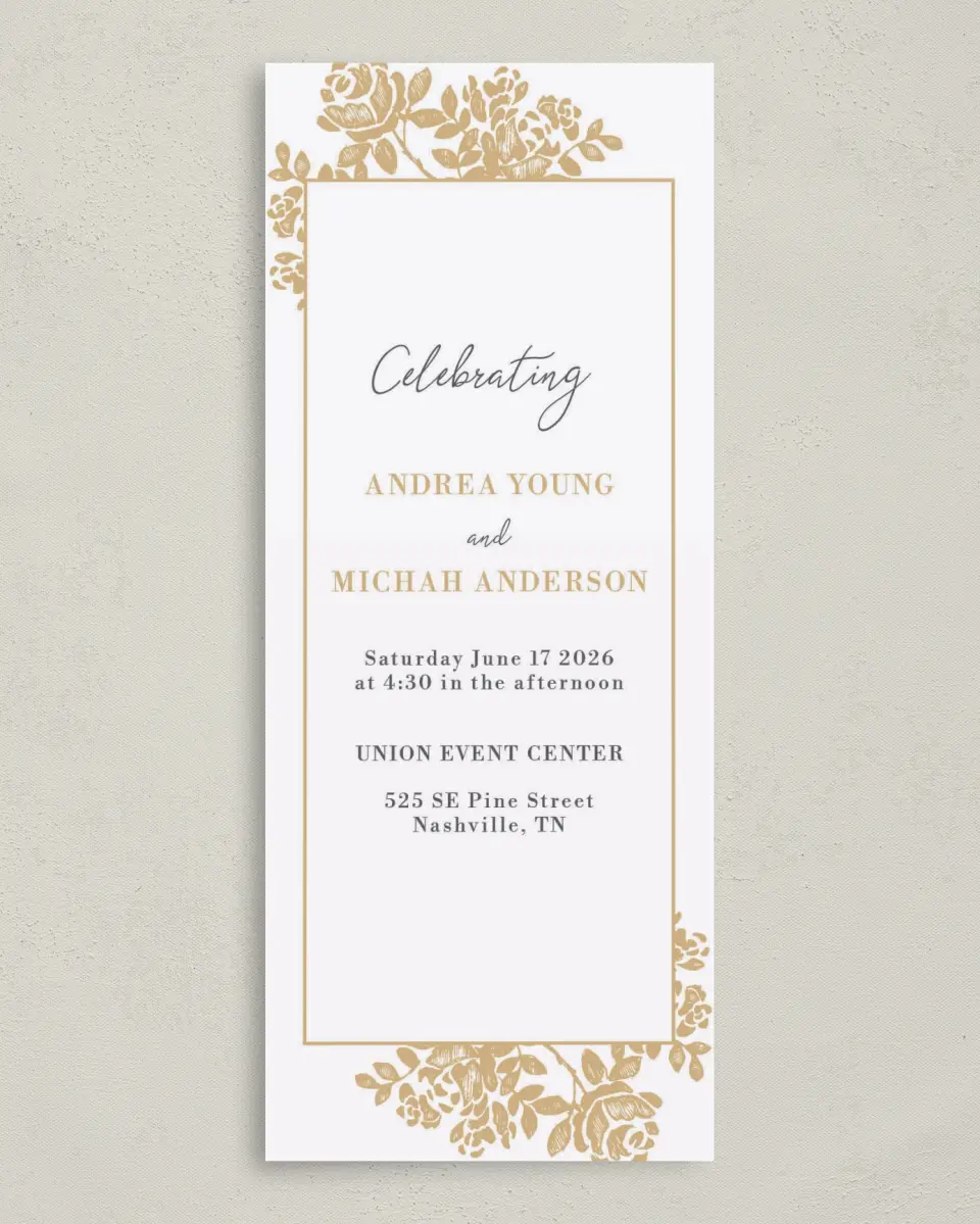 This is a 3⅝" x 8⅞" Tea-length Wedding Program called Etched Elegance printed in full color on Premium Smooth paper