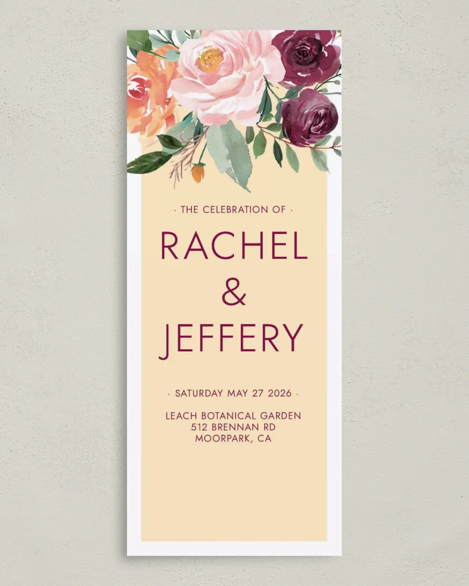 This is a 3⅝" x 8⅞" Tea-length Wedding Program called Country Florals printed in full color on Premium Smooth paper