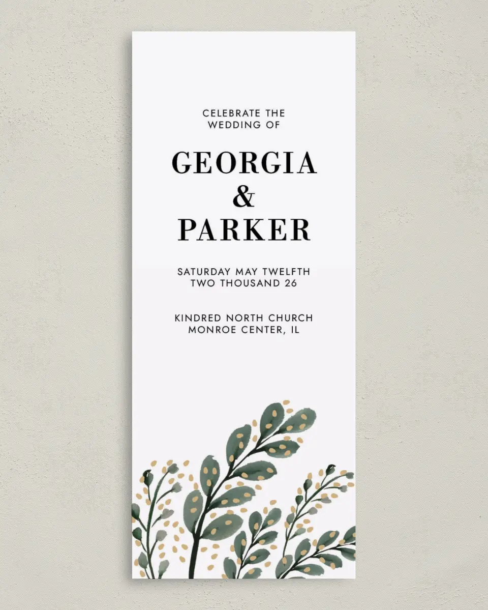 This is a 3⅝" x 8⅞" Tea-length Wedding Program called Gilded Laurels printed in full color on Premium Smooth paper