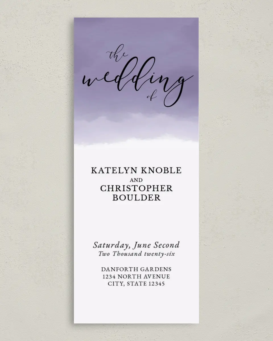 This is a 3⅝" x 8⅞" Tea-length Wedding Program called Luminous Ombre printed in full color on Premium Smooth paper