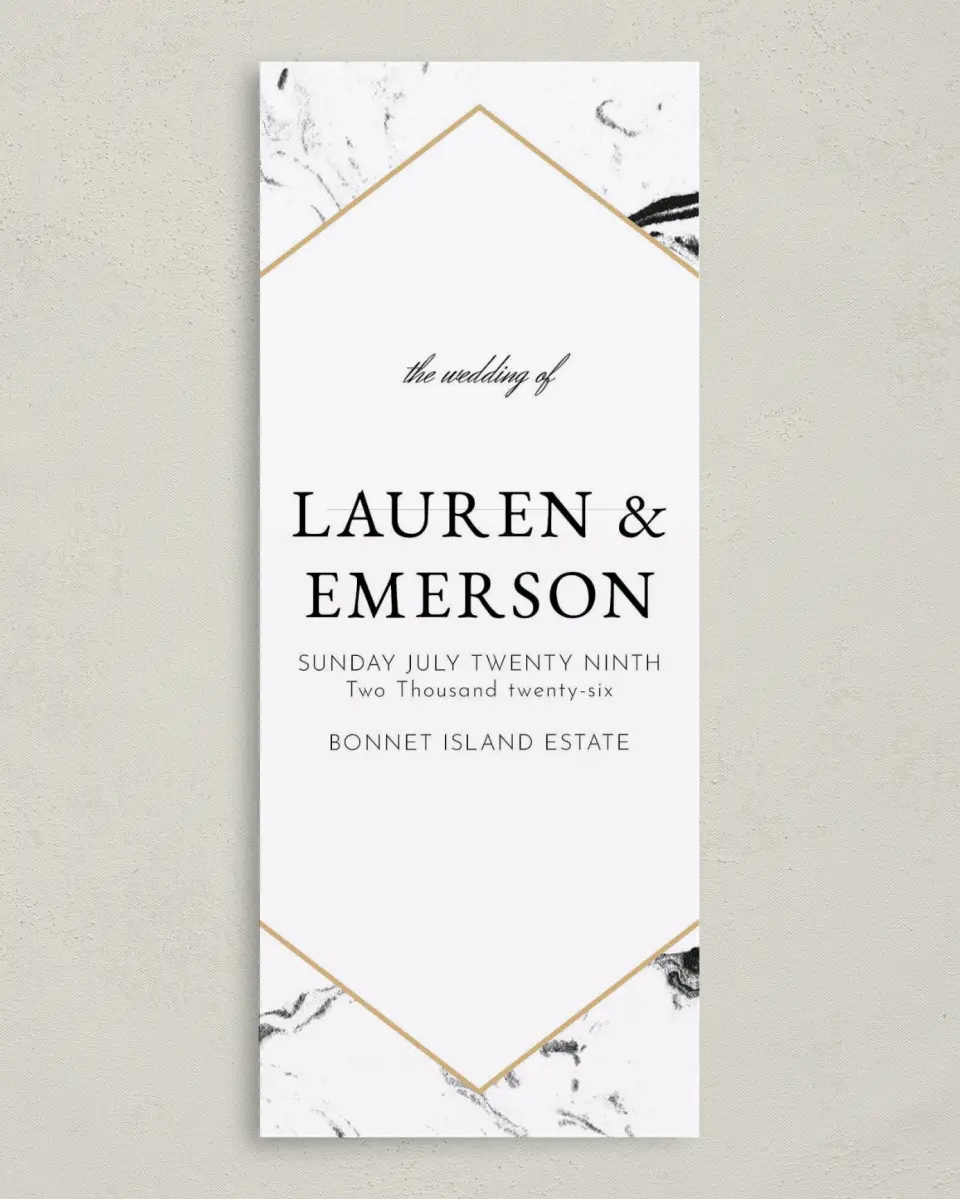 This is a 3⅝" x 8⅞" Tea-length Wedding Program called Elegant Marble printed in full color on Premium Smooth paper