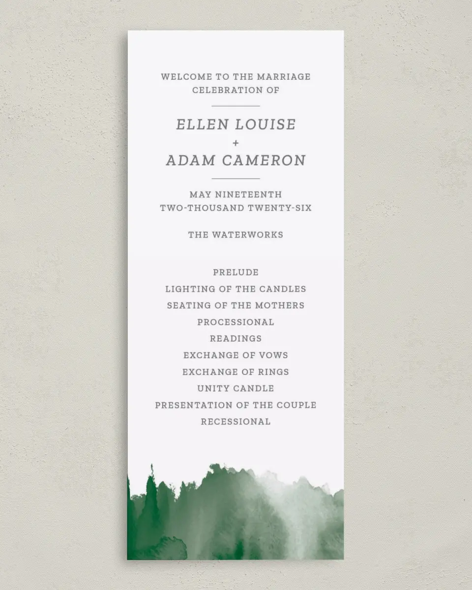 This is a 3⅝" x 8⅞" Tea-length Wedding Program called Watercolor Monogram printed in full color on Premium Smooth paper