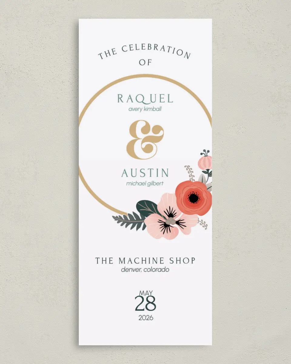 This is a 3⅝" x 8⅞" Tea-length Wedding Program called Modern Wreath printed in full color on Premium Smooth paper