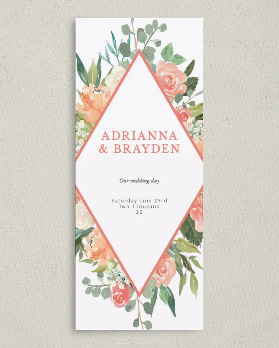 This is a 3⅝" x 8⅞" Tea-length Wedding Program called Diamond Garden printed in full color on Premium Smooth paper