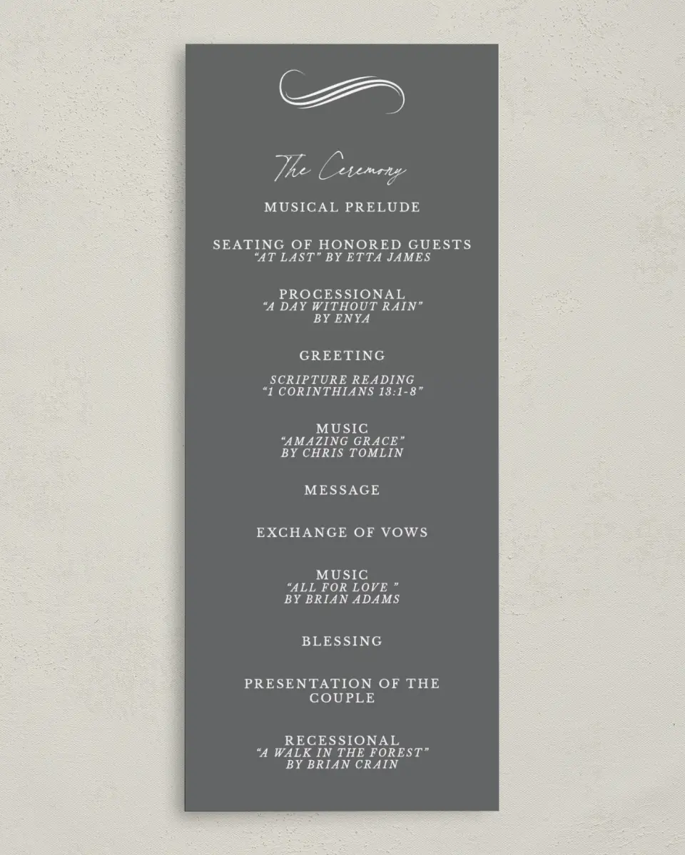 This is a 3⅝" x 8⅞" Tea-length Wedding Program called Chic Patina printed in full color on Premium Smooth paper