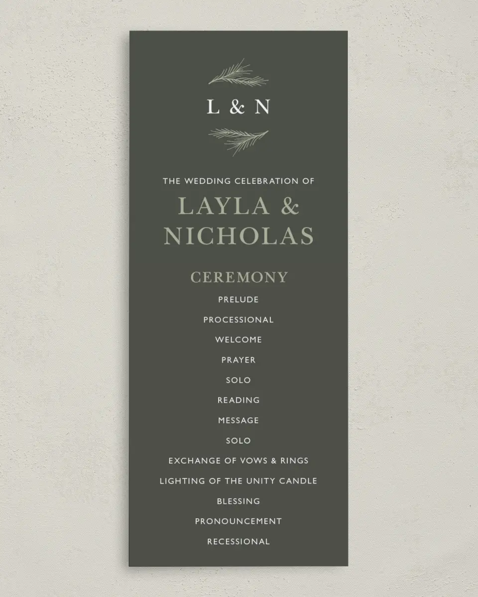 This is a 3⅝" x 8⅞" Tea-length Wedding Program called Greenery Crown printed in full color on Premium Smooth paper